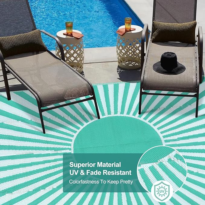 Wonnitar Waterproof 9x12 Outdoor Rug - Outdoor Plastic Straw Rug for Patio, Lightweight Extra Large RV Outside Camping Carpet, Portable Mat for Garden Balcony Beach (Blue-Green, 9'x12')
