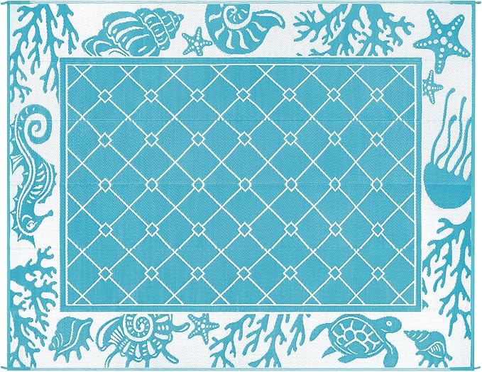 Vaukki Reversible Rugs, Plastic Straw Outdoor Doormat, Fade Resistant Plastic Outdoor Patio Mat, Lightweight Ocean Area Carpet for Patio, RV, Camping, Beach, Deck, Backyard and Picnic (Teal, 8'x10')