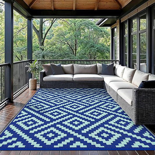 GENIMO Outdoor Rug for Patio Clearance, 6'x9' Waterproof Camping Mat, Reversible Plastic Straw Rugs for RV, Camper, Balcony, Backyard, Picnic, Deck (Royal Blue & Blue Green)