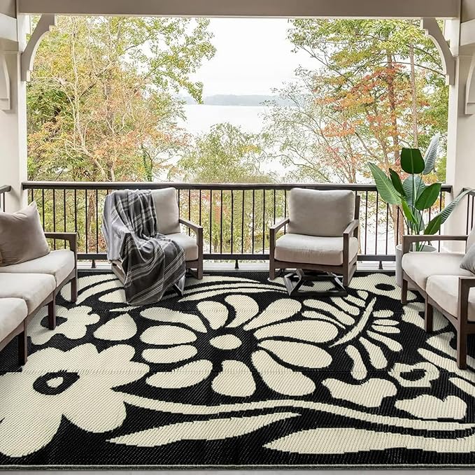 Wonnitar 8x10 Outdoor Patio Rug Clearance,Waterproof Plastic Straw Rugs Reversible Outside Large Mat,Abstract Floral Lightweight Carpet for Backyard Balcony RV Camping Deck (Black & White, 8'x10')