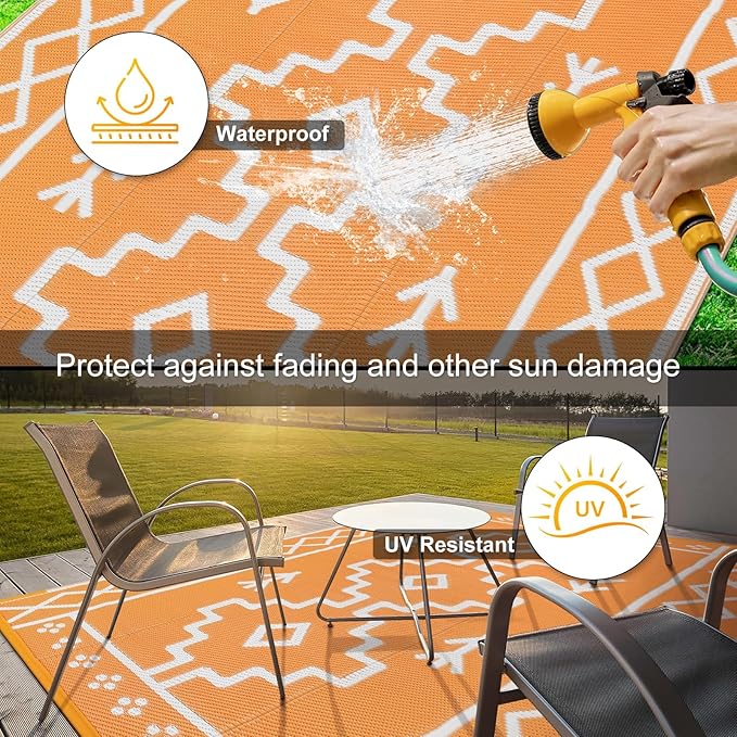 Uphome Outdoor Rugs 8x10 Waterproof, Reversible Orange Boho RV Camping Rug, Patio Plastic Straw Outside Rug, Large Foldable Outdoor Mat Carpet for Backyard Deck Pool Balcony Picnic Beach, 8'x10'