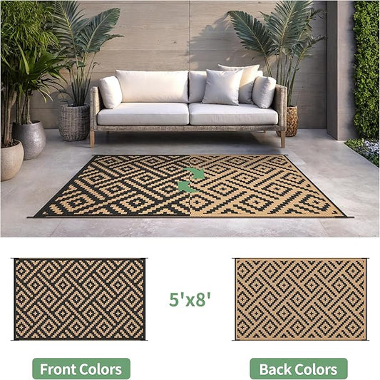 Outdoor Rug for Patio - Waterproof Plastic Straw Camping Rugs 5x8 ft, Reversible Outdoor Indoor RV Mat Carpet for Patio, Porch, Deck, Balcony, Picnic, Beach, Black Brown