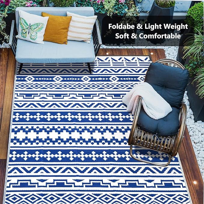 Outdoor Plastic Straw Rug, Waterproof Outdoor Rugs for Patios Clearance, Reversible Area Rug, Large Outside Carpet for Camping, Balcony, RV, Deck, Picnic, Beach 5x8ft Geometric Boho Blue&White