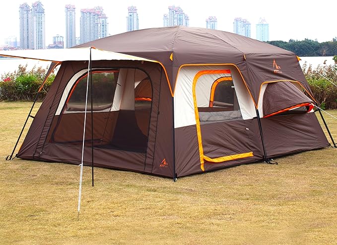 KTT Extra Large Tent 12 Person,2 Bay-Windows,Family Cabin Tents,14'Lx10'Wx6.58'H,2 Rooms and 3 Doors 3 Windows with Mesh,Waterproof,Straight Wall,Big Tent for Outdoor,Picnic,Camping,Gathering