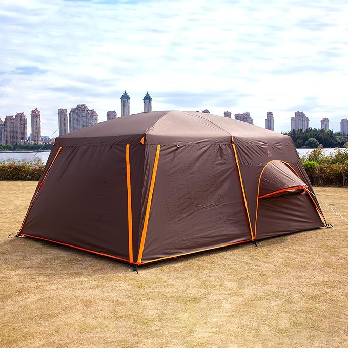 KTT Extra Large Tent 12 Person,2 Bay-Windows,Family Cabin Tents,14'Lx10'Wx6.58'H,2 Rooms and 3 Doors 3 Windows with Mesh,Waterproof,Straight Wall,Big Tent for Outdoor,Picnic,Camping,Gathering