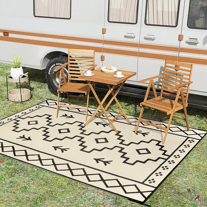 Uphome Outdoor Rug Mat Waterproof 5x8 ft, Reversible Outdoor Plastic Straw Rug, Tan Boho Patio Rug, Foldable RV Camping Rug, Indoor Outdoor Area Rug for Backyard Deck Pool Balcony Picnic, 5'x8'