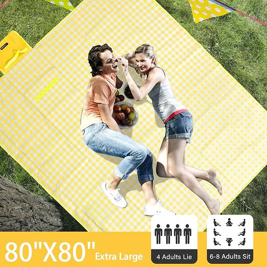 Outdoor Picnic Blanket 80"X80" Picnic Mat Extra Large Camping Blanket Beach Blanket Foldable Waterproof Sand Mat Hiking Travel Family Concerts(Yellow)