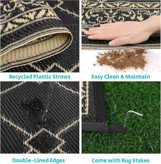HEBE Outdoor Rug 9'x12' for Patios Waterproof Clearance Reversible Patio Mat Plastic Straw Rug RV Camping Mat Outside Area Rug Carpet for Camping RV,Porch,Deck,Balcony,Camper,Backyard