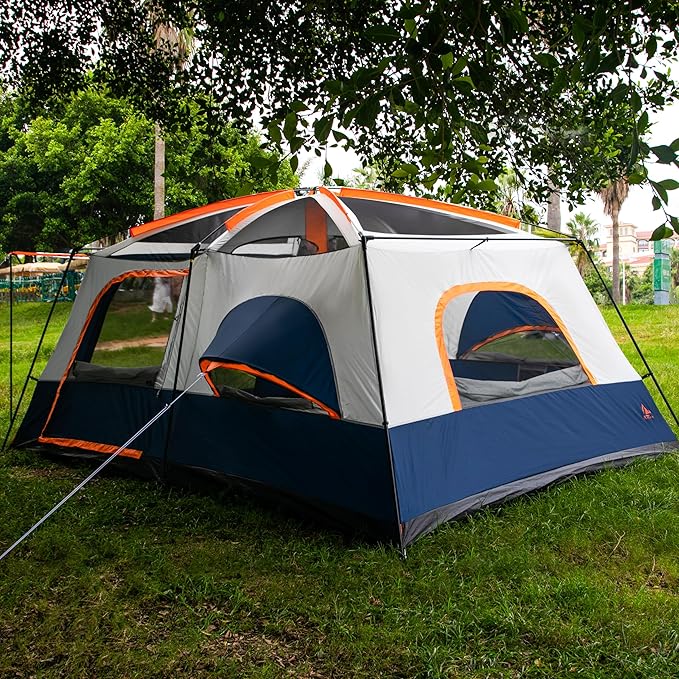 KTT Extra Large Tent 12 Person,2 Bay-Windows,Family Cabin Tents,14'Lx10'Wx6.58'H,2 Rooms and 3 Doors 3 Windows with Mesh,Waterproof,Straight Wall,Big Tent for Outdoor,Picnic,Camping,Gathering
