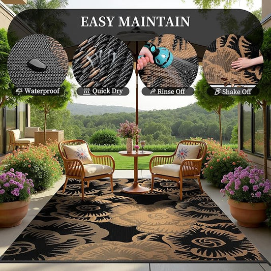 MontVoo Outdoor Rug-Waterproof Patio Rug Mat 5x8 Outdoor Carpet Mat Reversible Plastic Straw Outside Outdoor Rug for RV Camping Picnic Beach Balcony Backyard Pool Deck Farmhouse Floral Black Brown