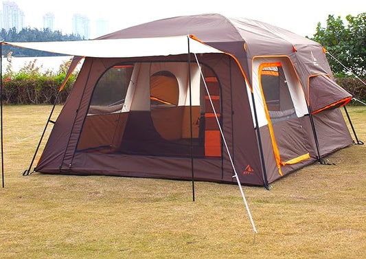 KTT Large Family Cabin Tent 10-12 Person,14.1X10X6.58ft,2 Rooms,3 Storage Pockets,2 Bay-Windows 3 Doors and 3 Windows with Mesh,Straight Wall,Waterproof,Double Layer,Big Tent for Outdoor,Camping