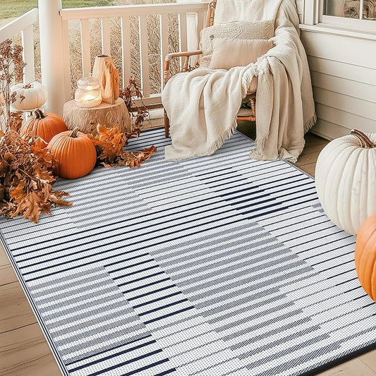 GENIMO Outdoor Rug for Patio Clearance, 6'x9' Waterproof Camping Mat, Reversible Plastic Straw Rugs for RV, Camper, Balcony, Backyard, Picnic, Deck (Blue&White)