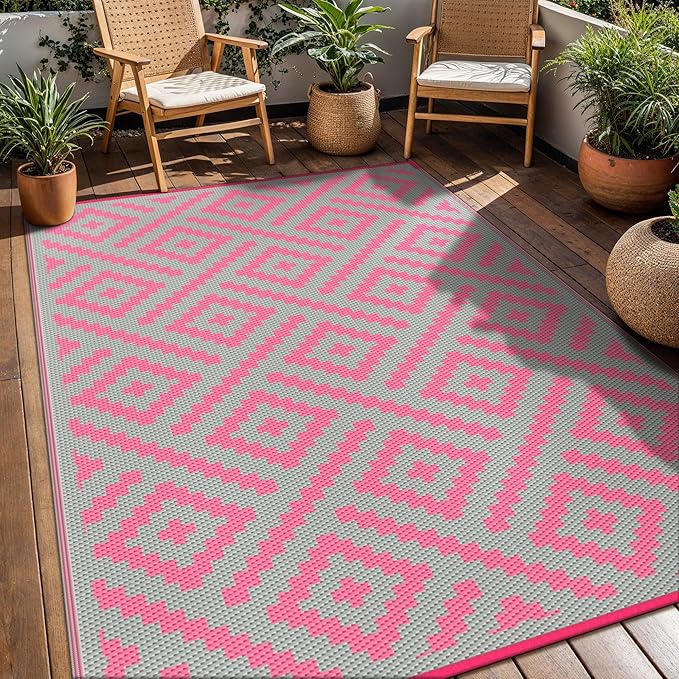 GENIMO Outdoor Rug for Patio Clearance, 6'x9' Reversible Plastic Straw Rugs, Lightweight Waterproof RV Camping Mat for Camper, Balcony, Deck, Backyard, Picnic, Pink & Grey
