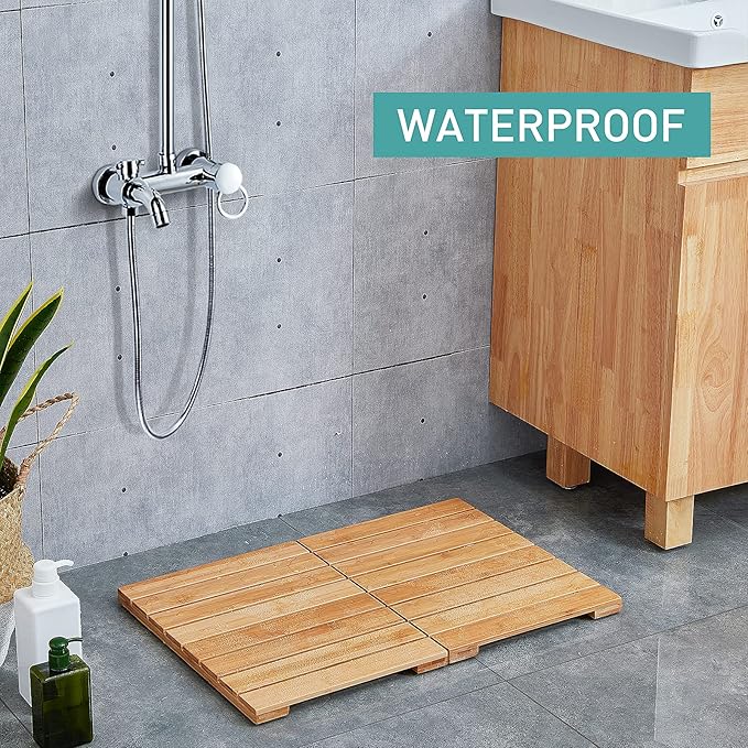 Waterproof Bamboo Bath Mat for Shower, Wooden Floor Mat for Bathroom, Foldable | Non-Slip | Heavy Duty, Shower Mat for Indoor Outdoor, 23.5in x 15.6in