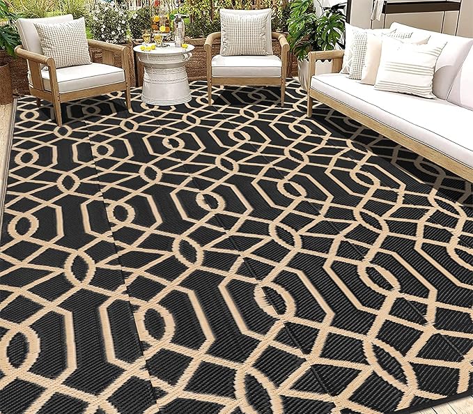 HEBE Outdoor Rug 9'x12' for Patios Waterproof Clearance Reversible Patio Mat Plastic Straw Rug RV Camping Mat Outside Area Rug Carpet for Camping RV,Porch,Deck,Balcony,Camper,Backyard
