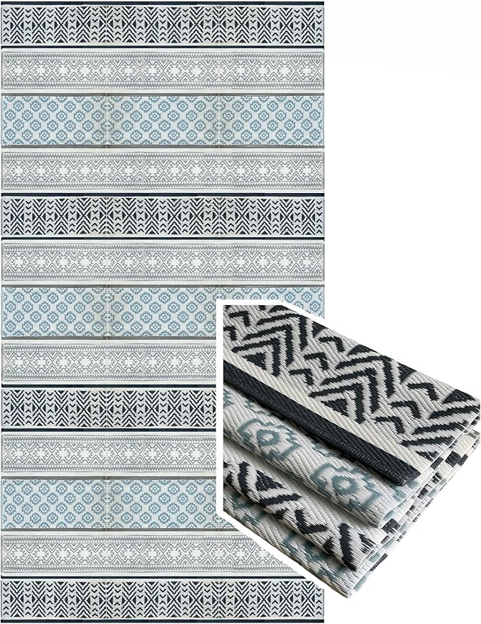 BalajeesUSA Outdoor Rug - 9x18 Grey, Teal, Reversible Recycled Plastic Straw Outdoor Patio Rugs Clearance Waterproof Large RV Camper Mats 7087