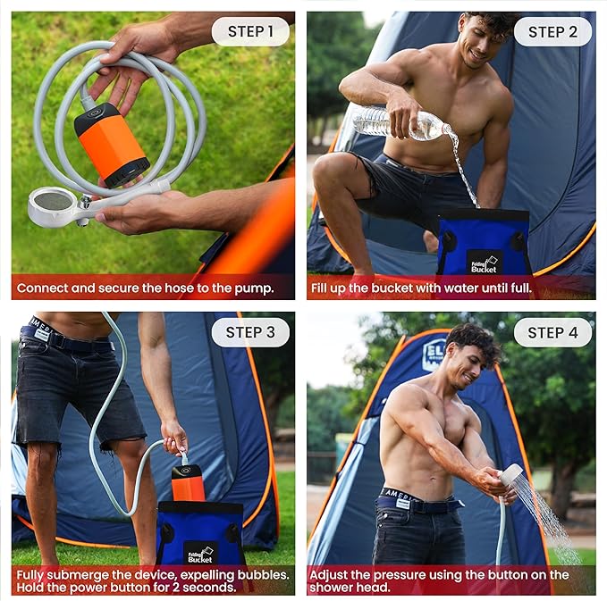 Elil Portable Camping Shower Pump with 3 Gallon Collapsible Bucket - Rechargeable Battery Camp Shower Electric Shower, Portable Shower for Camping Shower Tents