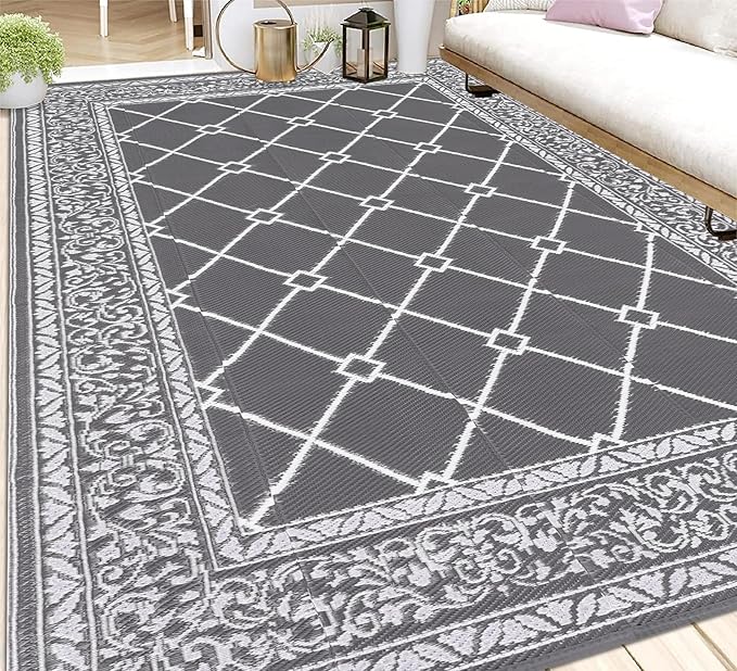 HEBE Outdoor Rug 9'x12' for Patios Waterproof Clearance Reversible Patio Mat Plastic Straw Rug RV Camping Mat Outside Area Rug Carpet for Camping RV,Porch,Deck,Balcony,Camper,Backyard