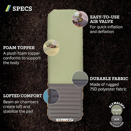 Klymit Klymaloft Lofted Hiking and Backpacking Air Bed, Inflatable Sleeping Pad for Camping with Memory Foam,Green