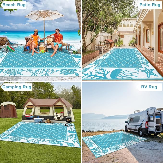Vaukki Reversible Rugs, Plastic Straw Outdoor Doormat, Fade Resistant Plastic Outdoor Patio Mat, Lightweight Ocean Area Carpet for Patio, RV, Camping, Beach, Deck, Backyard and Picnic (Teal, 8'x10')