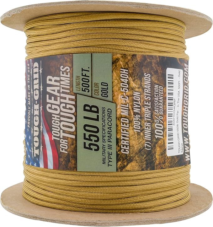 TOUGH-GRID Premium Gold Paracord 550 lbs Made in USA Outdoor Survival Nylon Rope Tactical Heavy Duty Strands Parachute Cord Used by US Military Type III Mil-Spec