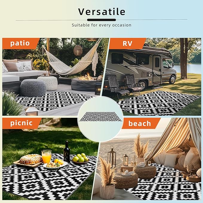 Favoyard Outdoor Rug 8x10 ft Waterproof Reversible Patio Plastic Straw Rugs for Decor Clearance Outside Large RV Camping Area Carpet Mat for Porch Deck Balcony Pool Backyard Picnic Beach Camper Door