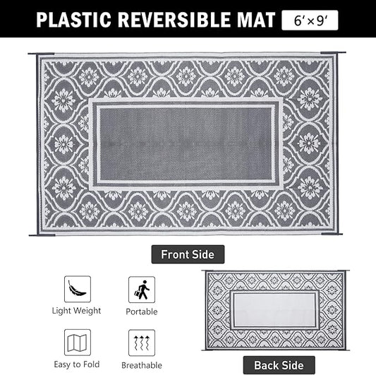 Plastic Outdoor Rug 6'x9' Waterproof Camping Carpet Outside Area Rug Reversible Grey Rugs for RV Deck Entryance Porch Picnic Balcony Beach
