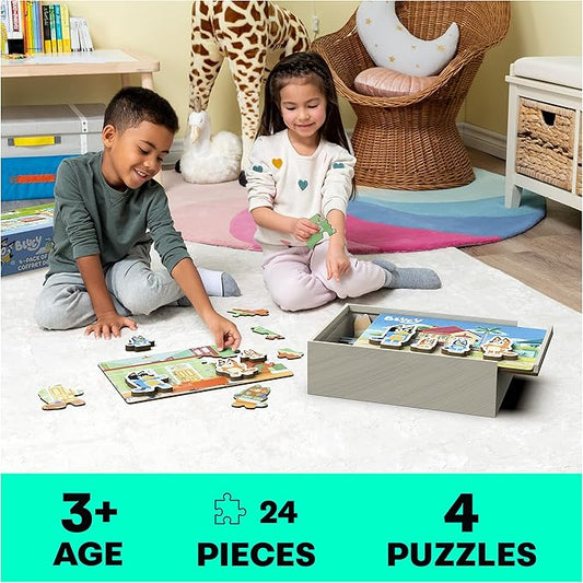 Bluey 4-Pack of Wooden 24-Piece Puzzles with Interchangeable Pieces | Bluey Birthday Party Supplies | Bluey Party Favors | Bluey Toys for Kids Ages 3+