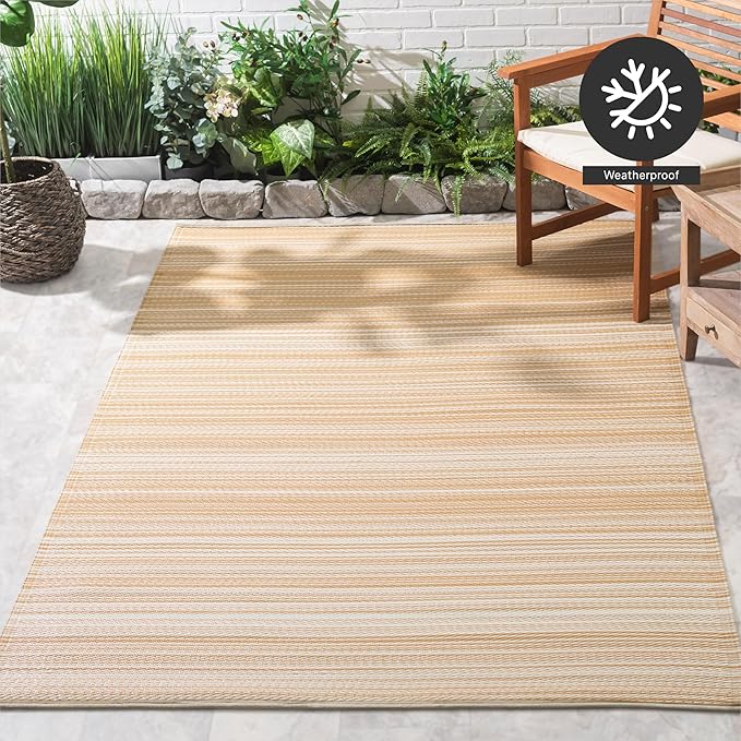FH Home Outdoor Camping Rug - Waterproof, Fade Resistant, Reversible - Premium Recycled Plastic - Striped - Large Patio, Deck, Sunroom, RV - Havana - Beige - 5 x 8 ft Foldable