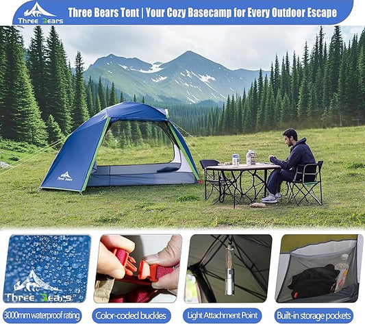 ThreeBears 2-Person Camping Tent, Waterproof & Windproof Lightweight Backpacking Tent for Hiking, Camping, Mountaineering & Travel - Durable & Easy Setup
