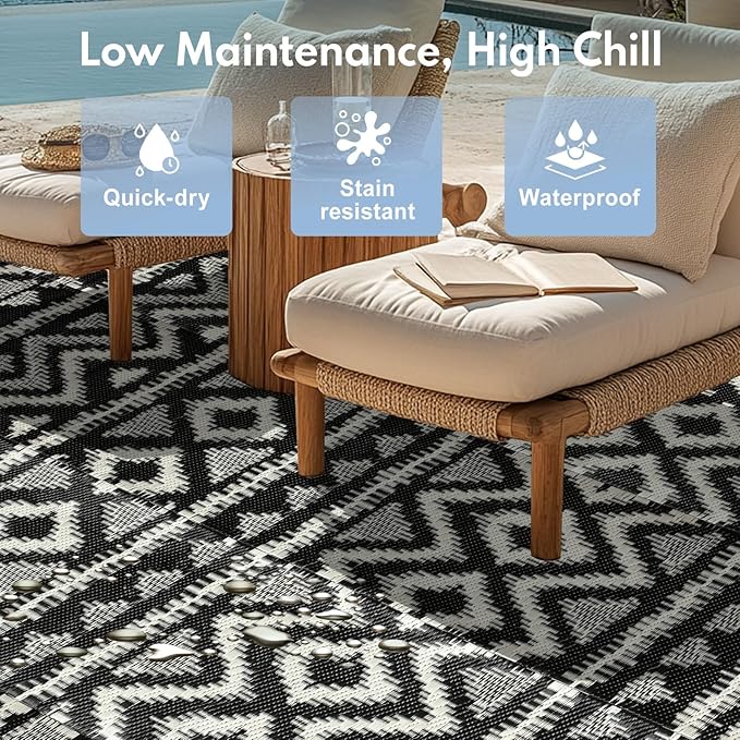 Waterproof Outdoor Rug 9x18 ft, Reversible Plastic Straw Rug, Easy to Clean Patio Rug, Portable Carpet for Patio, RV, Deck, Balcony, Backyard, Picnic, Beach, Geometric Diamond, Gray