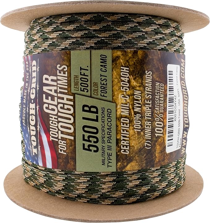 TOUGH-GRID Premium 550lb Paracord Rope - 500Ft White - 100% Nylon Type III Mil-Spec - UV & Abrasion Resistant - Heavy Duty Strands - Outdoor Survival Rope - Used by US Military - Made in USA