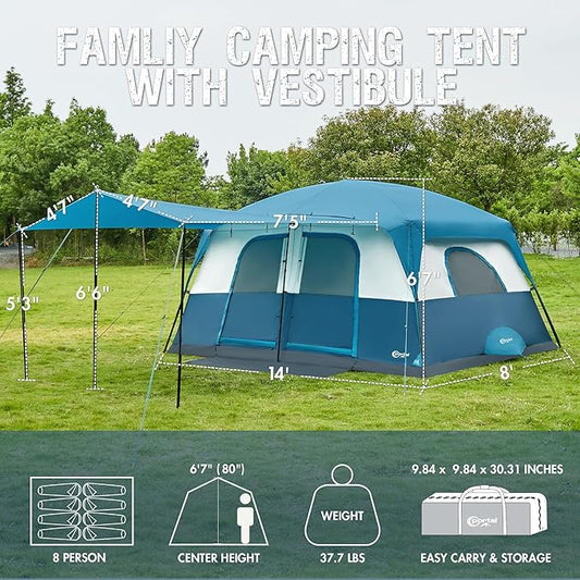 PORTAL 8 Person Family Camping Tent with Porch, Weather Resistant Camping Tents with Rainfly, Large Cabin Tents with 2 Room, Easy Set Up Tent for Outdoor Camping, Backyard