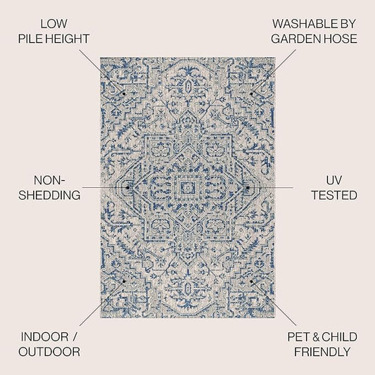 JONATHAN Y SMB105B-8SQ Estrella Bohemian Medallion Textured Weave Indoor/Outdoor Area Rug, Coastal, Traditional, Vintage for Bedroom, Kitchen, Living Room, Easy-Cleaning, Navy/Gray, 8' Square