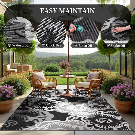 MontVoo Outdoor Rug 9x12 Waterproof Patio Rug-Outdoor Carpet Mat Reversible Plastic Straw Outside Outdoor Rug for RV Camping Picnic Beach Balcony Backyard Pool Deck Porch Farmhouse Floral Black
