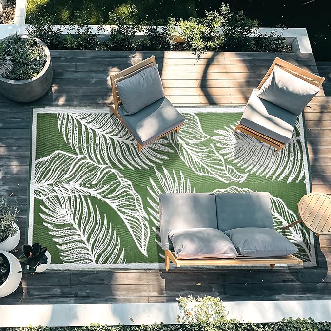 wikiwiki Outdoor Rug, 9x12ft Waterproof Reversible Mat Indoor Outdoor Rugs Carpet, Small Area Rug Plastic Straw Rug for Patio Deck Balcony Pool RV Camping Beach Picnic, Green, Rugscape Series