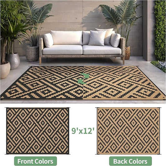 Outdoor Rug for Patio - Waterproof Plastic Straw Camping Rugs 9x12 ft, Reversible Outdoor Indoor RV Mat Carpet for Patio, Porch, Deck, Balcony, Picnic, Beach, Black Brown