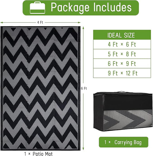 Easy-Going Reversible Outdoor Rugs 4x6ft Waterproof Plastic Straw Rug Stain & UV Resistant Floor Mat for Patio Porch RV Backyard Pool Deck Picnic Beach Trailer Camping (Waved Black & Grey)