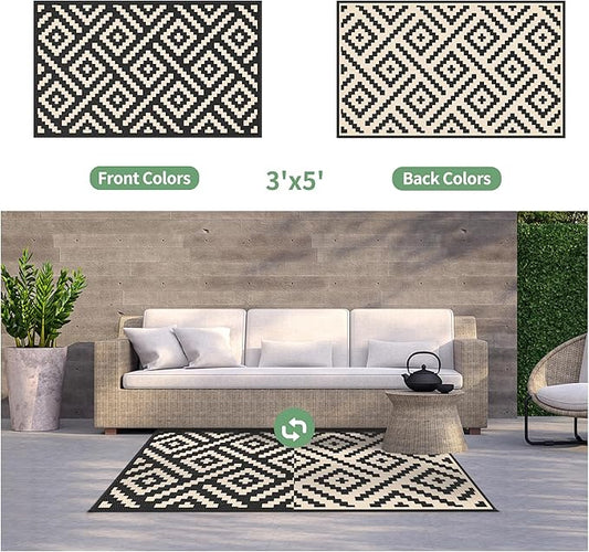 GENIMO Outdoor Rug 3'x5' Waterproof, Reversible Camping Mat, Plastic Straw Rugs for Patio, RV, Camper, Balcony, Backyard, Picnic, Deck (Black & Beige)