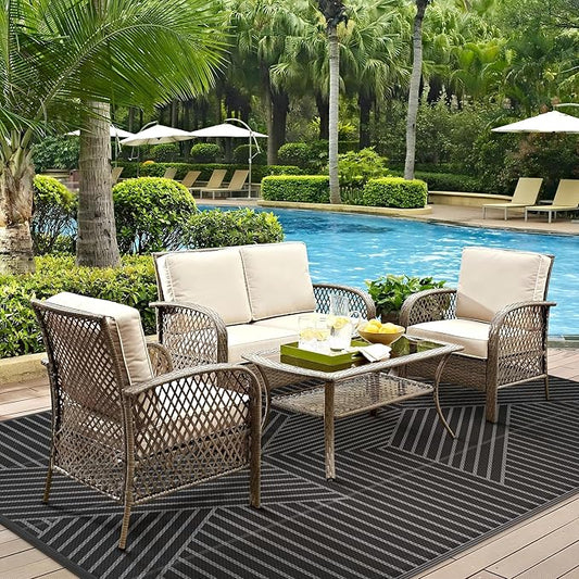 GENIMO Outdoor Rug 9'x12' for Patio Waterproof Clearance, Reversible Outdoor Plastic Straw Rug, Lightweight Carpet Camping Mat for Rv, Camper, Picnic, Balcony, Backyard, Deck, Porch, Black & Gray