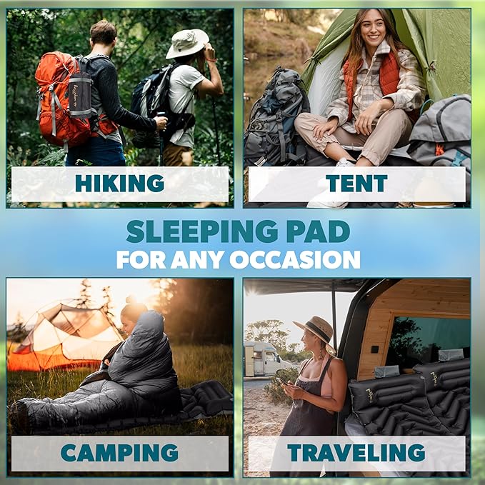 Sleeping Pad with Pillow, Self Inflating Extra-Thick, Ultralight Sleeping Mat, Built-in Pump, Ultimate for Camping, Hiking, Traveling, Airpad, Carry Bag, Compact & Lightweight Air Mattress (Black)