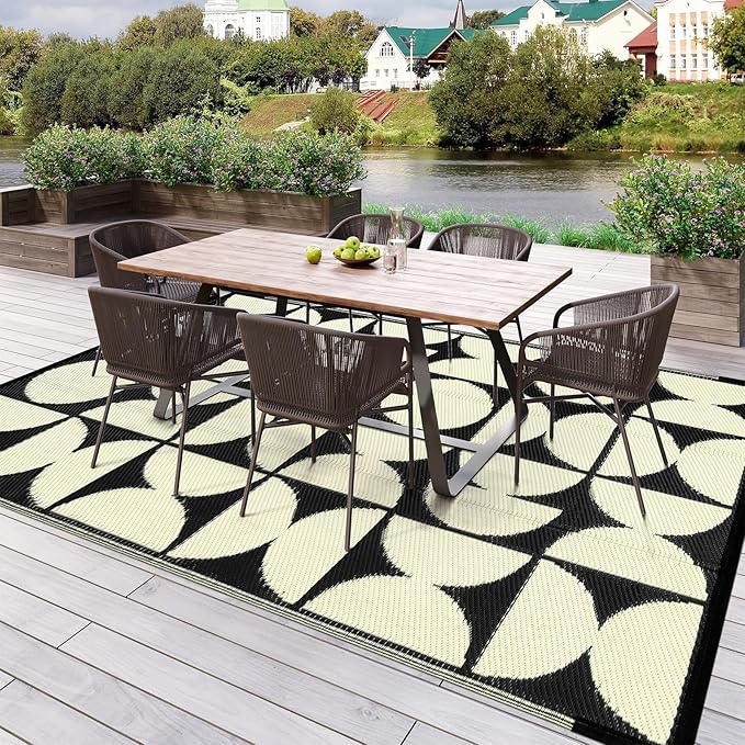 Wonnitar Outdoor Rug 6x9 Waterproof for Patio, Reversible Outdoor Plastic Straw Rug Large Portable RV Camping Rug, Geometric Outside Area Rug for Backyard Balcony Garden (Black & Beige,6'x9')