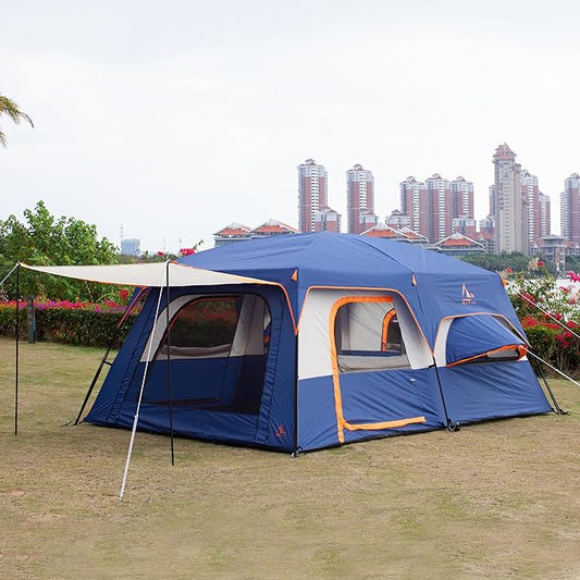 KTT Extra Large Tent 12 Person,2 Bay-Windows,Family Cabin Tents,14'Lx10'Wx6.58'H,2 Rooms and 3 Doors 3 Windows with Mesh,Waterproof,Straight Wall,Big Tent for Outdoor,Picnic,Camping,Gathering