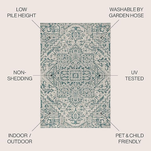 JONATHAN Y SMB105C-9 Estrella Bohemian Medallion Textured Weave Indoor Outdoor Area-Rug Coastal Bohemian Rustic Glam Easy-Cleaning Bedroom Kitchen Backyard Patio Non Shedding, 9 X 12, Teal/Gray