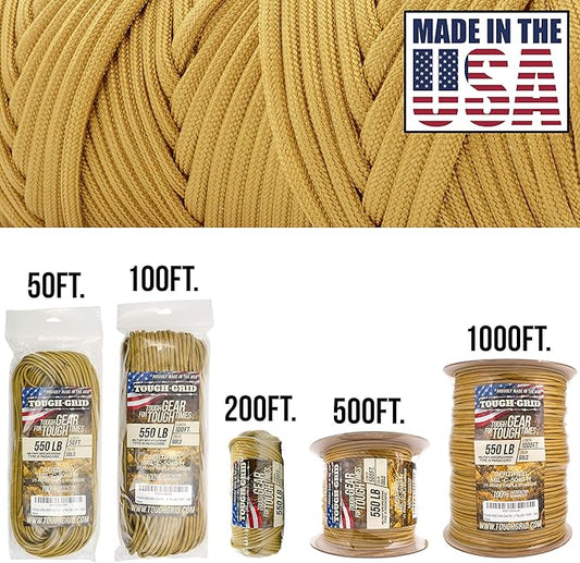 TOUGH-GRID Premium Gold Paracord 550 lbs Made in USA Outdoor Survival Nylon Rope Tactical Heavy Duty Strands Parachute Cord Used by US Military Type III Mil-Spec
