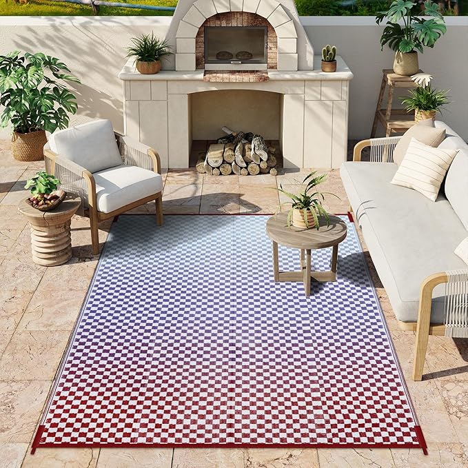 Wonnitar Waterproof Outdoor Rug 6x9 - Blue Purple Gradient Checkered Camping Plastic Straw Rug, Reversible Outside Mat for Patio RV Backyard, Lightweight Portable Deck Carpet