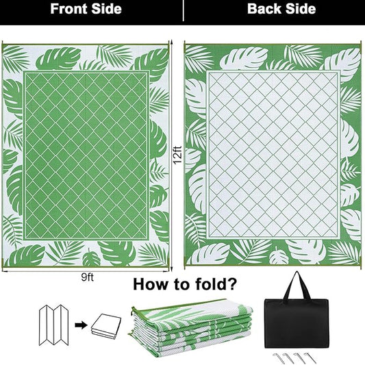 Ileading Outdoor Rug Carpet for Patio 9'x12' Waterproof Reversible Plastic Straw Rug Portable Outside Area Rug Camping Mat for Patio, Clearance, Balcony, Picnic, Pool, Beach, RV, Deck, Green