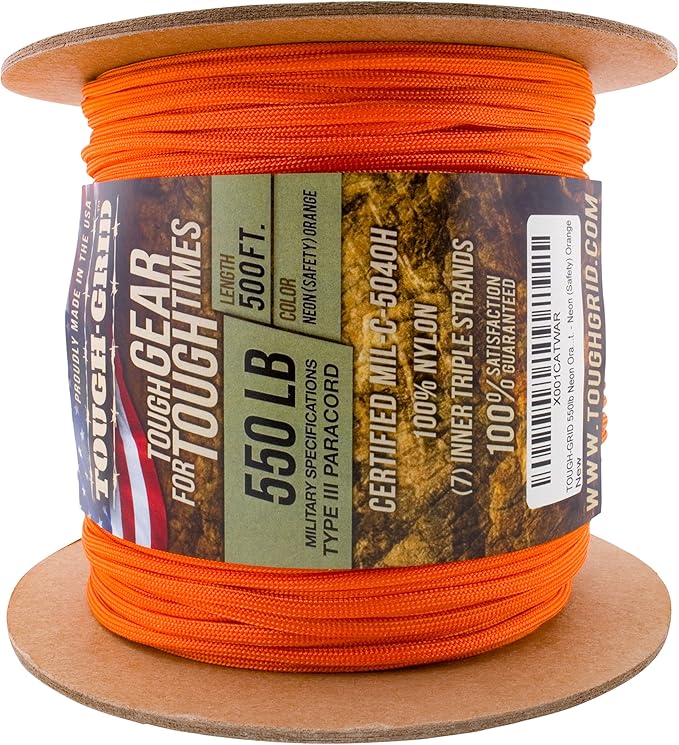 TOUGH-GRID Premium Neon Orange Paracord 550 lbs Made in USA Outdoor Survival Nylon Rope Tactical Heavy Duty Strands Parachute Cord Used by US Military Type III Mil-Spec