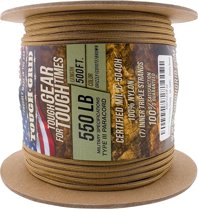 TOUGH-GRID Premium Grizzly Brown Paracord 550 lbs Made in USA Outdoor Survival Nylon Rope Tactical Heavy Duty Strands Parachute Cord Used by US Military Type III Mil-Spec