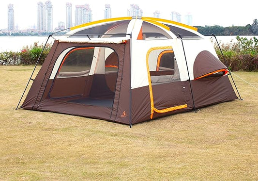 KTT Extra Large Tent 12 Person,2 Bay-Windows,Family Cabin Tents,14'Lx10'Wx6.58'H,2 Rooms and 3 Doors 3 Windows with Mesh,Waterproof,Straight Wall,Big Tent for Outdoor,Picnic,Camping,Gathering